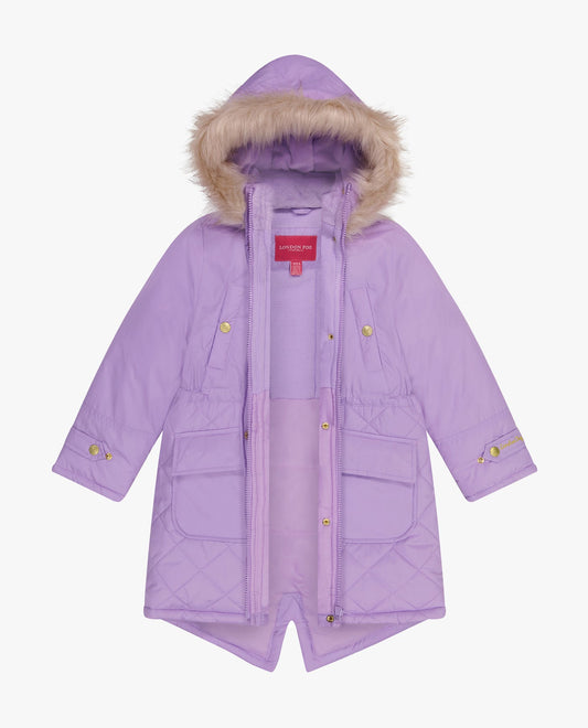Detail View Of GIRLS ZIP-FRONT MID CINCH QUILTED PARKA WITH FUR TRIMMED HOOD | LILAC