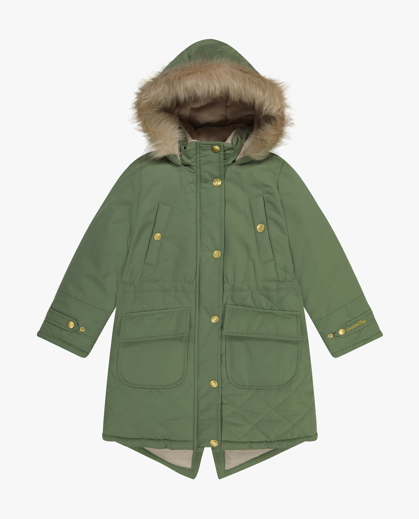 Detail View Of GIRLS ZIP-FRONT MID CINCH QUILTED PARKA WITH FUR TRIMMED HOOD | OLIVE