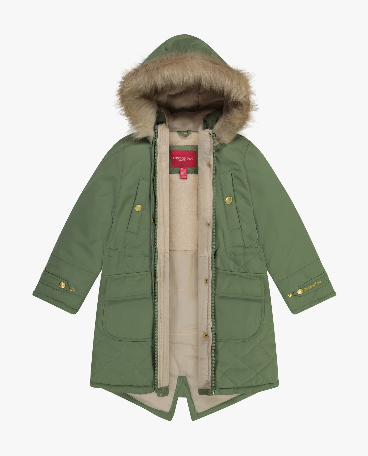Detail View Of GIRLS ZIP-FRONT MID CINCH QUILTED PARKA WITH FUR TRIMMED HOOD | OLIVE