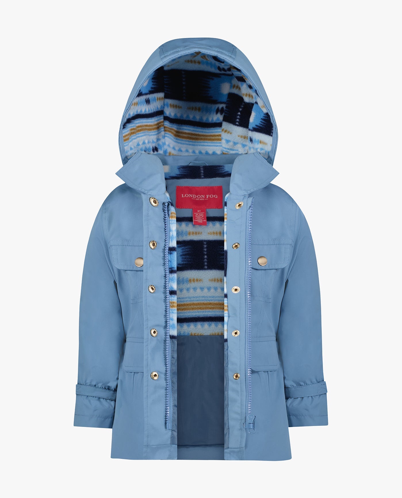 OPEN VIEW OF GIRLS SNAP-FRONT SKIRTED TRENCH WITH HOOD | BLUE