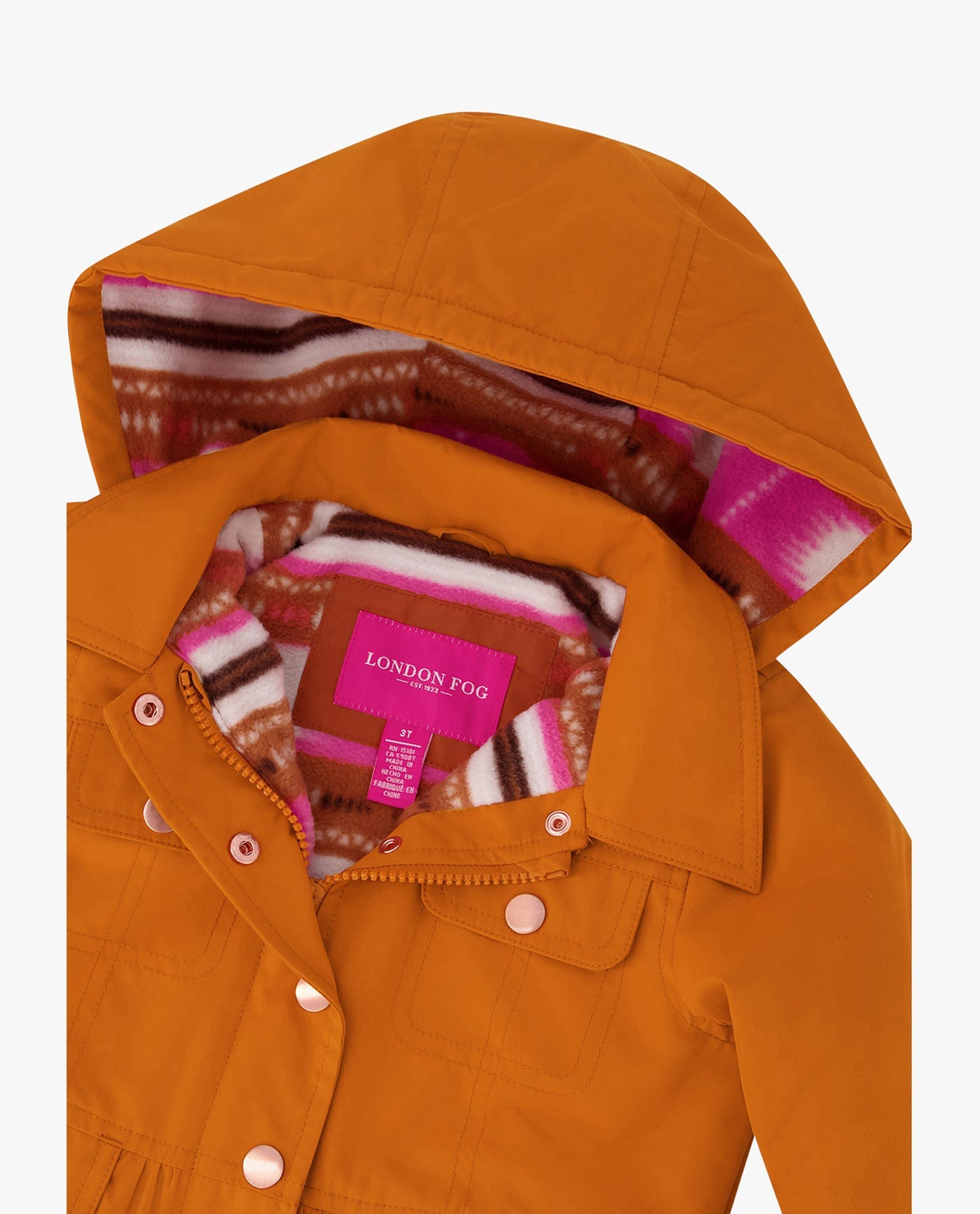 DETAIL VIEW  OF GIRLS SNAP-FRONT SKIRTED TRENCH WITH HOOD | CINNAMON