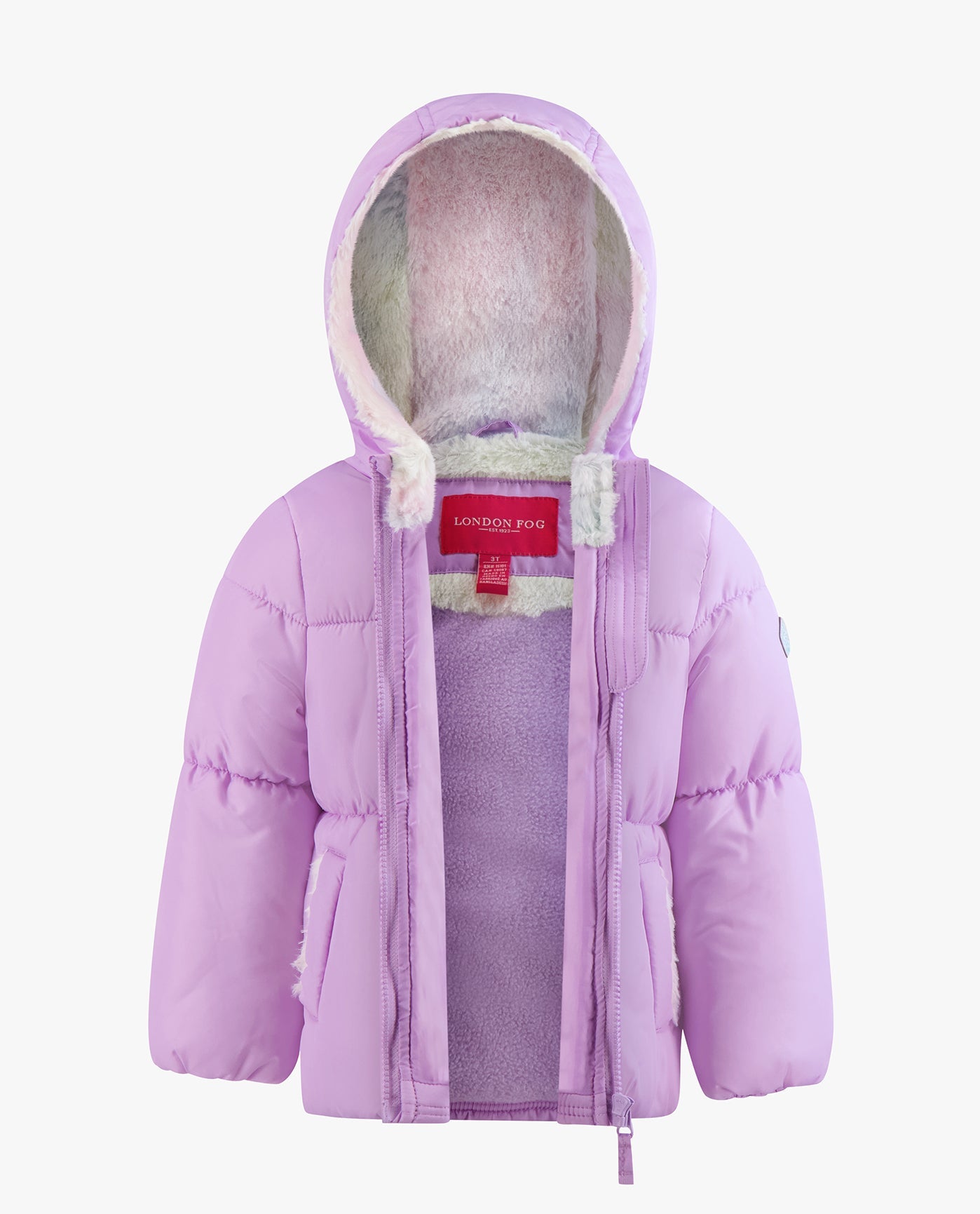 ALT VIEW OF GIRLS ZIP-FRONT HOODED LOOSE FIT PUFFER | LILAC