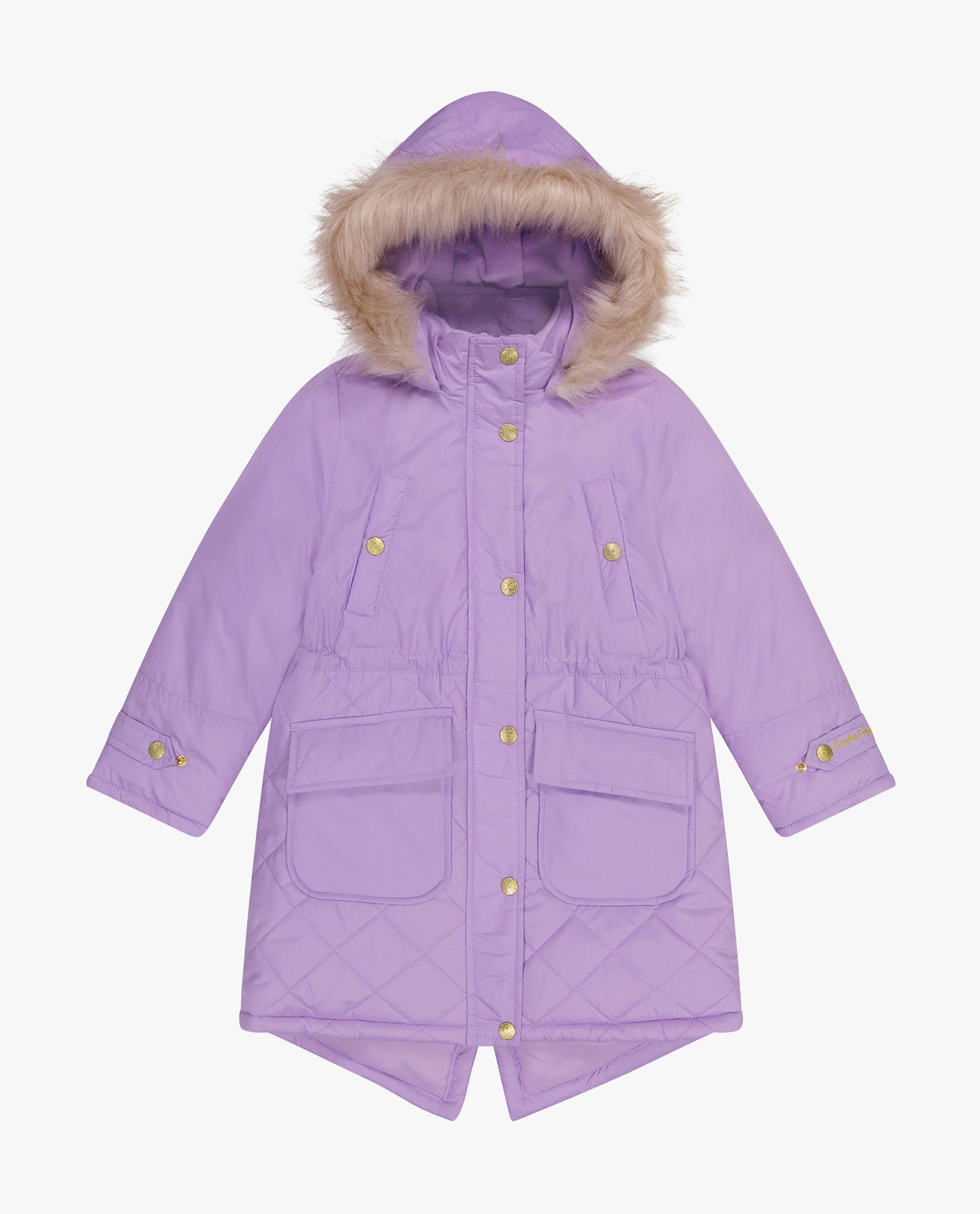 Detail View Of BIG GIRLS ZIP-FRONT MID CINCH QUILTED PARKA WITH FUR TRIMMED HOOD | LILAC