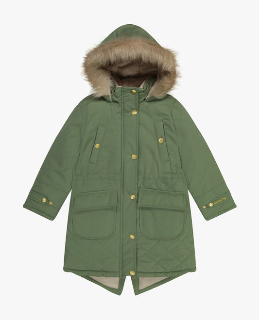 Detail View Of BIG GIRLS ZIP-FRONT MID CINCH QUILTED PARKA WITH FUR TRIMMED HOOD | OLIVE