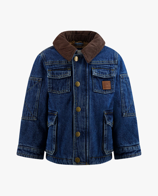 FRONT VIEW OF BIG BOYS BUTTON-FRONT COLLARED UTILITY BARN COAT | DARK DENIM