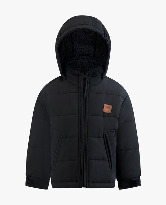 FRONT VIEW OF BIG BOYS ZIP-FRONT HOODED SHERPA LINED PUFFER | BLACK
