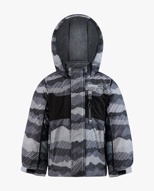 FRONT VIEW OF BIG BOYS ZIP-FRONT HOODED JACKET WITH OVERALL SNOW PANT | GREY PRINT
