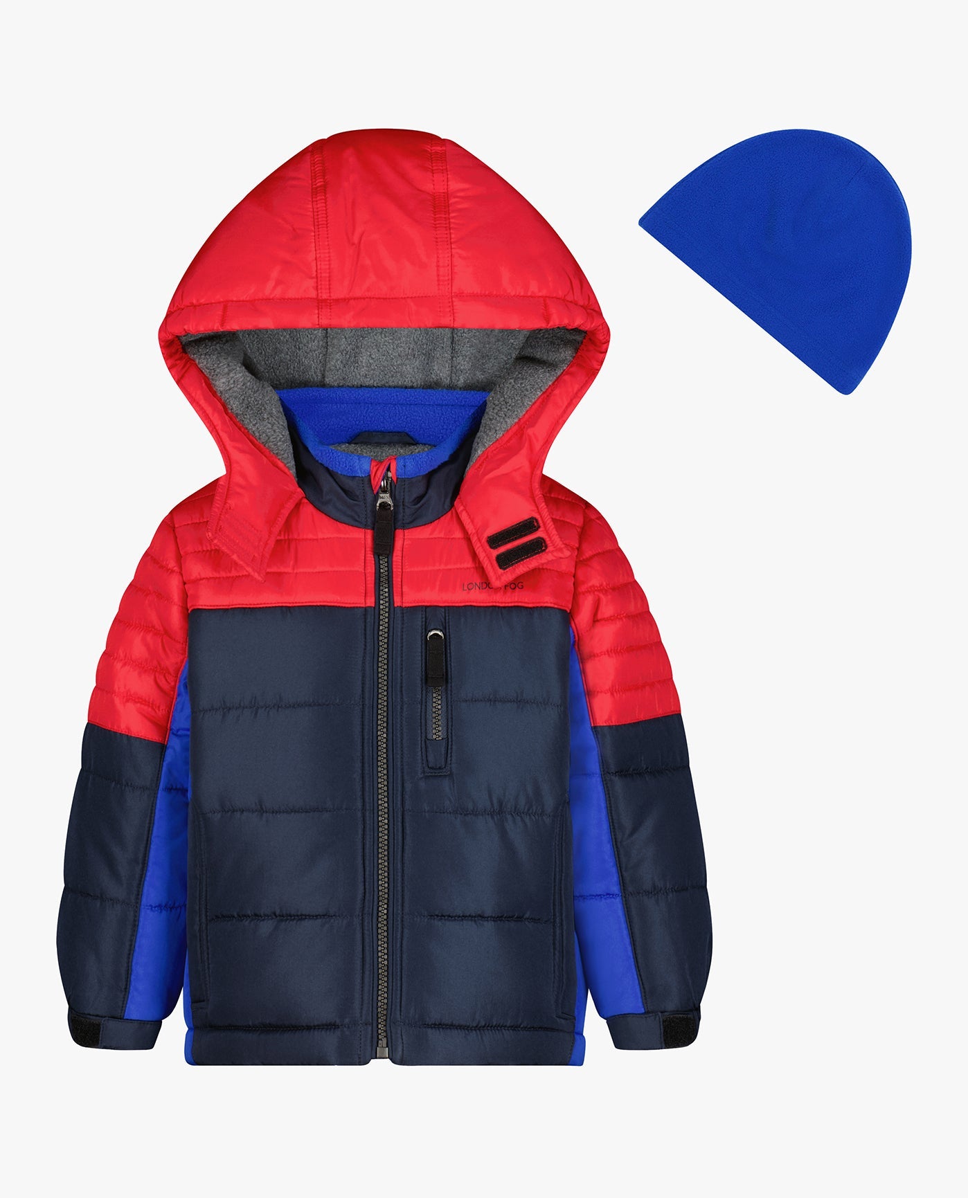 FRONT VIEW OF BOYS ZIP-FRONT MID WEIGHT SPORTS PUFFER | RED