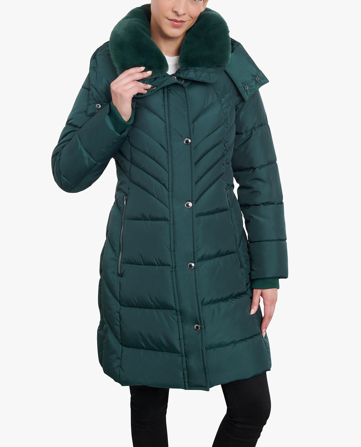 Zip-Front Hooded Heavy Weight Puffer Jacket with Button-Off Fur Collar ...