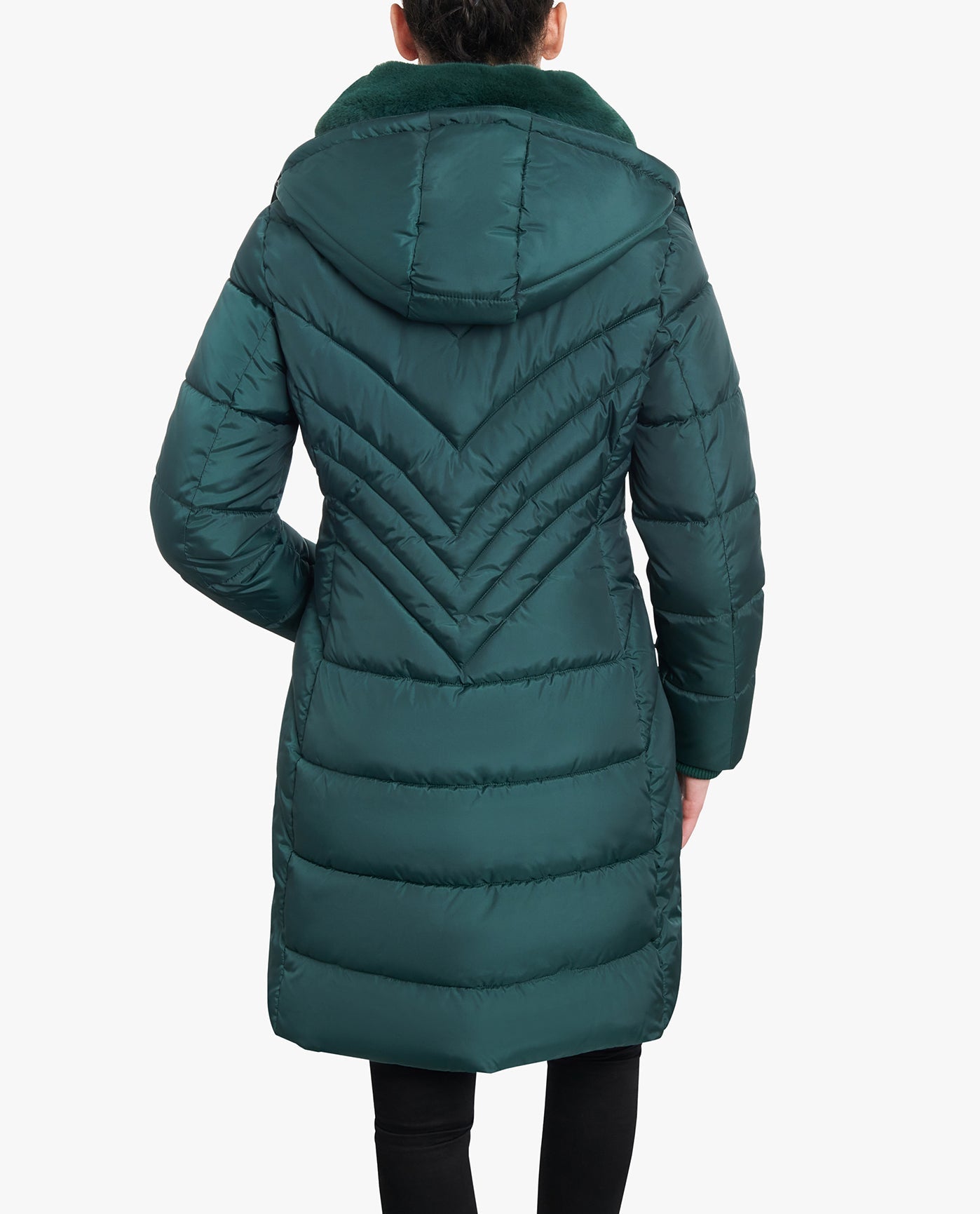 BACK VIEW OF ZIP-FRONT HOODED HEAVY WEIGHT PUFFER JACKET WITH BUTTON-OFF FUR COLLAR | GREEN