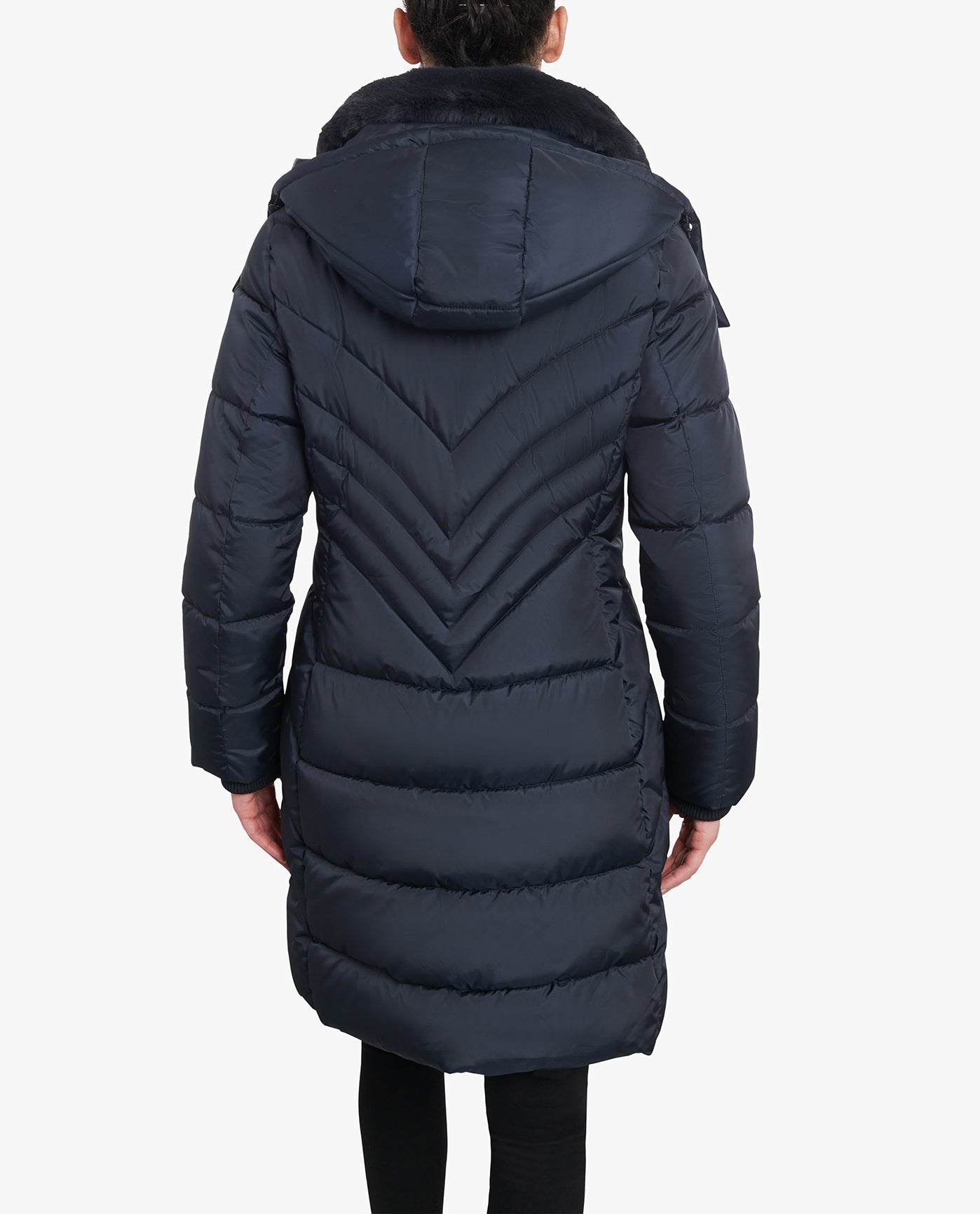 BACK VIEW OF ZIP-FRONT HOODED HEAVY WEIGHT PUFFER JACKET WITH BUTTON-OFF FUR COLLAR | NAVY