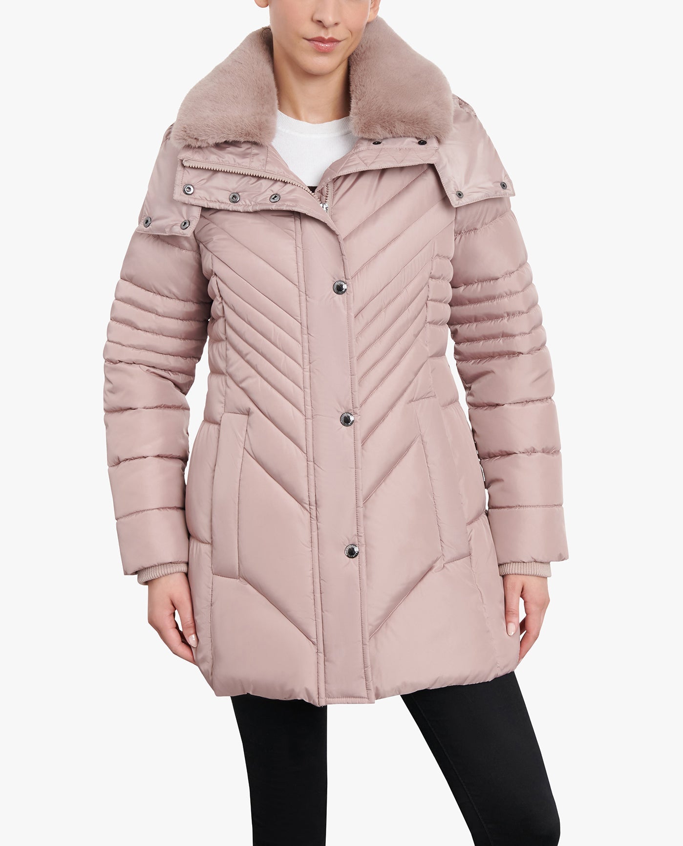 FRONT VIEW OF ZIP-FRONT HOODED PUFFER JACKET WITH BUTTON-OFF FUR COLLAR | ROSEWOOD