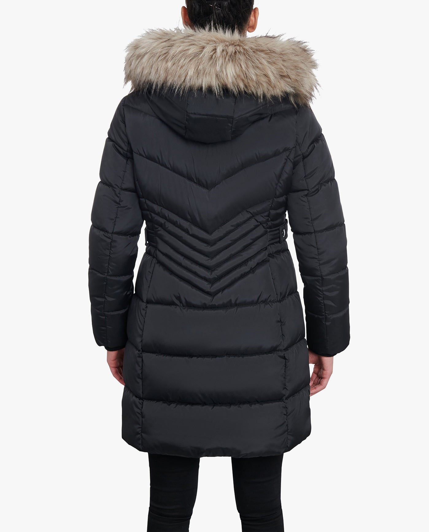 BACK VIEW OF ZIP-FRONT LONG LENGTH PUFFER JACKET WITH ZIP-OFF FUR TRIM HOOD | BLACK