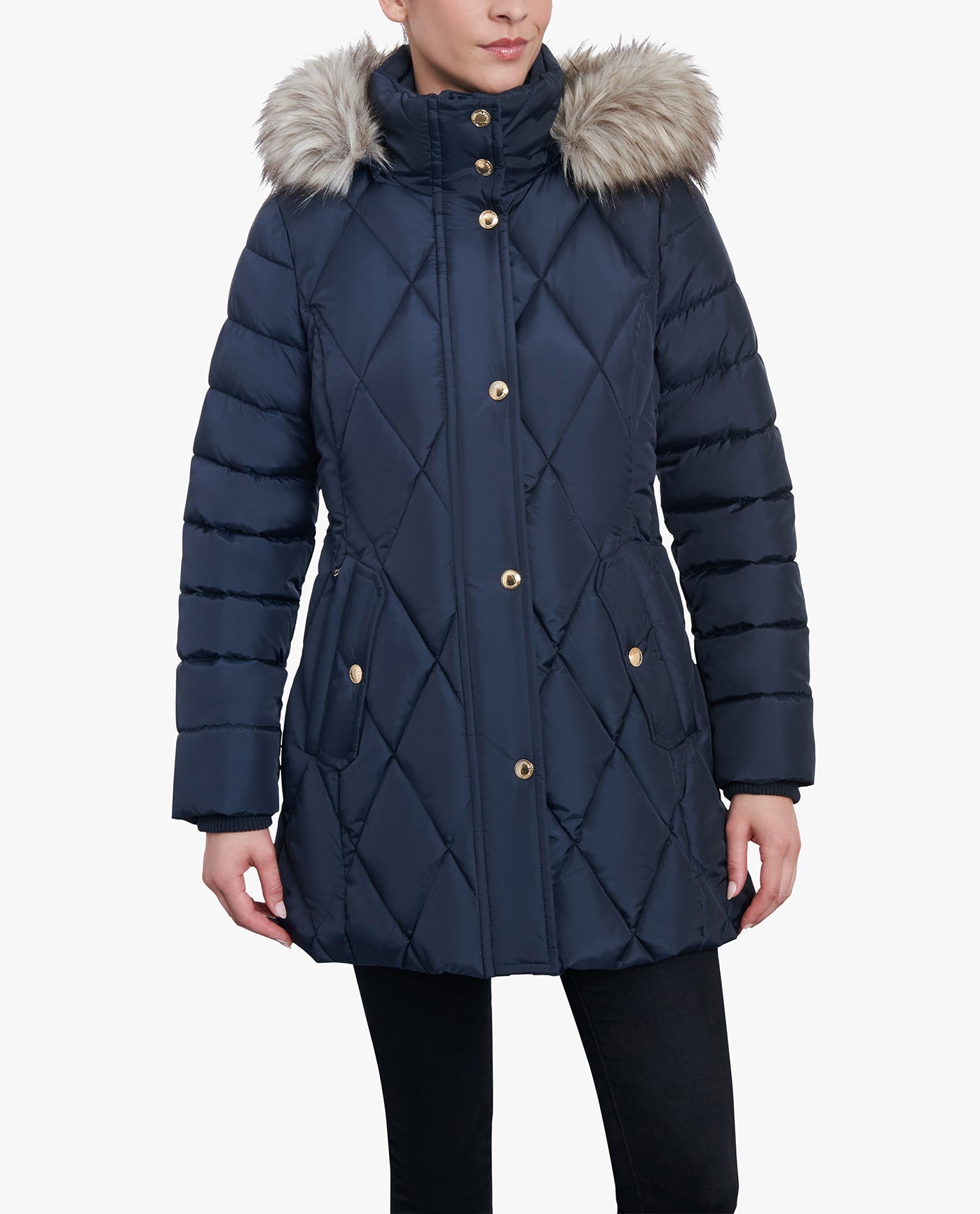 Zip-Front Diamond Quilted Jacket with Zip-Off Fur Trim Hood