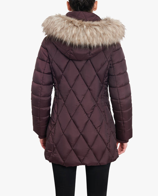BACK VIEW OF ZIP-FRONT DIAMOND QUILTED JACKET WITH ZIP-OFF FUR TRIM HOOD | BURGUNDY