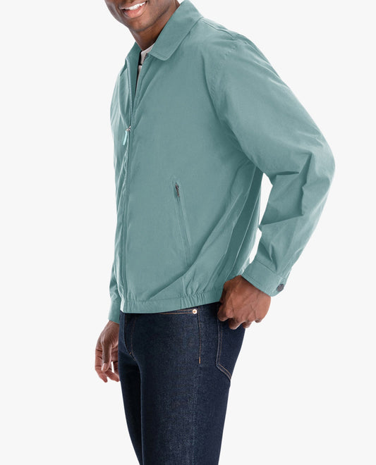 SIDE VIEW OF LIGHT WEIGHT ZIP FRONT GOLF JACKET | HK LIGHT BLUE