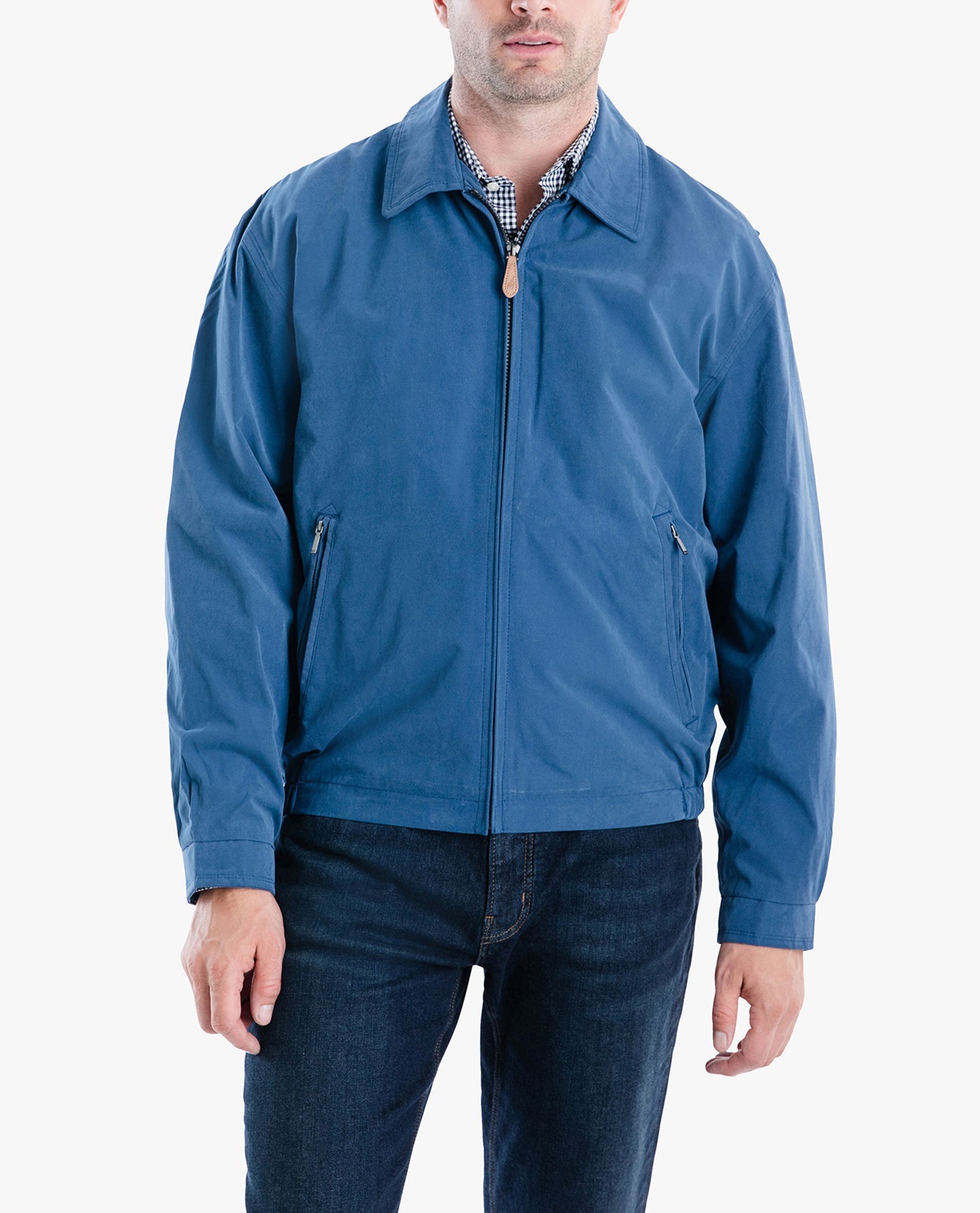FRONT VIEW OF LIGHT WEIGHT ZIP FRONT GOLF JACKET | PACIFIC BLUE