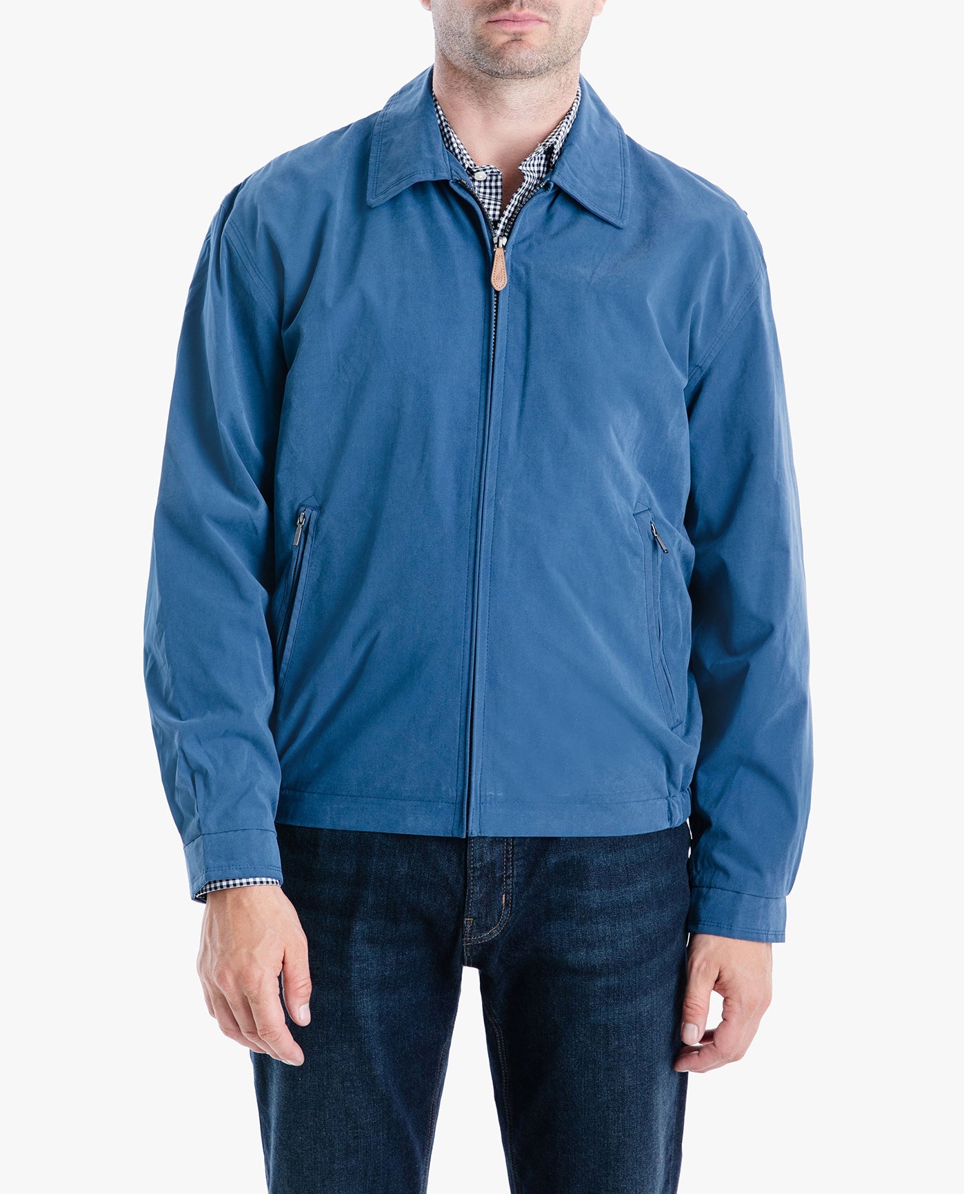 DETAIL VIEW OF LIGHT WEIGHT ZIP FRONT GOLF JACKET | PACIFIC BLUE