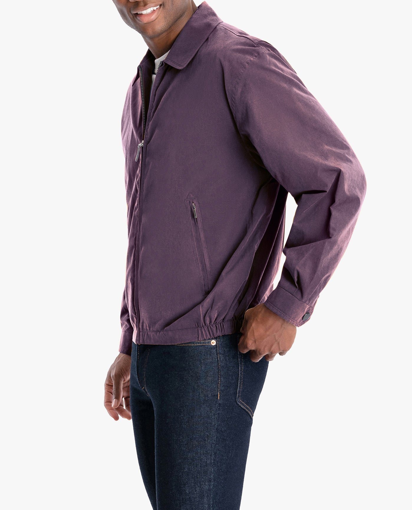 SIDE VIEW OF LIGHT WEIGHT ZIP FRONT GOLF JACKET | MAROON