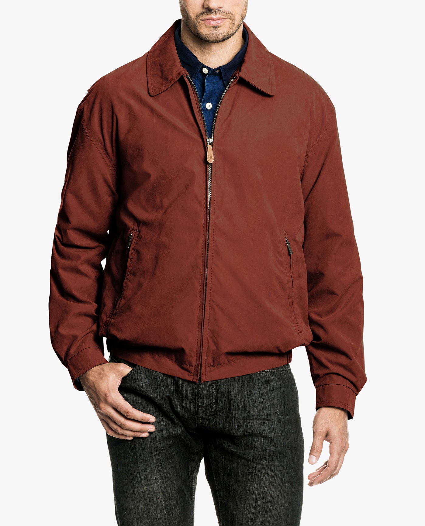 FRONT VIEW OF LIGHT WEIGHT ZIP FRONT GOLF JACKET | CHILI