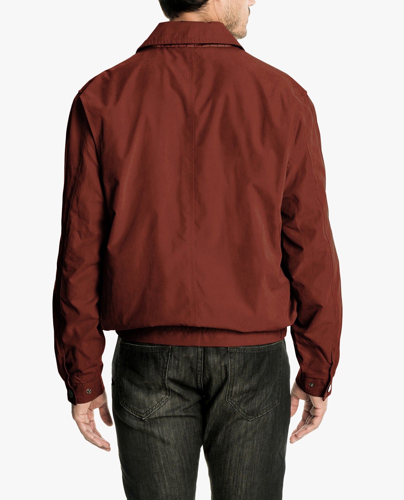 BACK VIEW OF LIGHT WEIGHT ZIP FRONT GOLF JACKET | CHILI