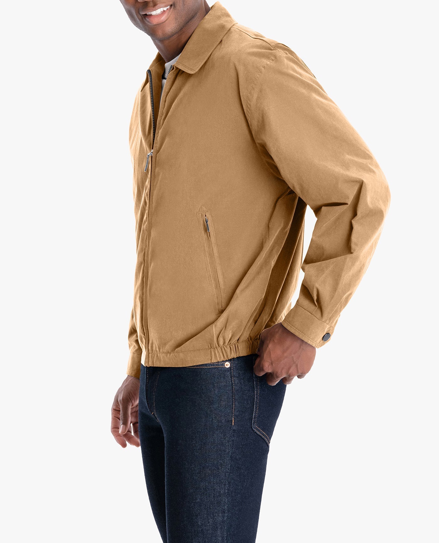 BACK VIEW OF TALL LIGHT WEIGHT ZIP FRONT GOLF JACKET | CAMEL