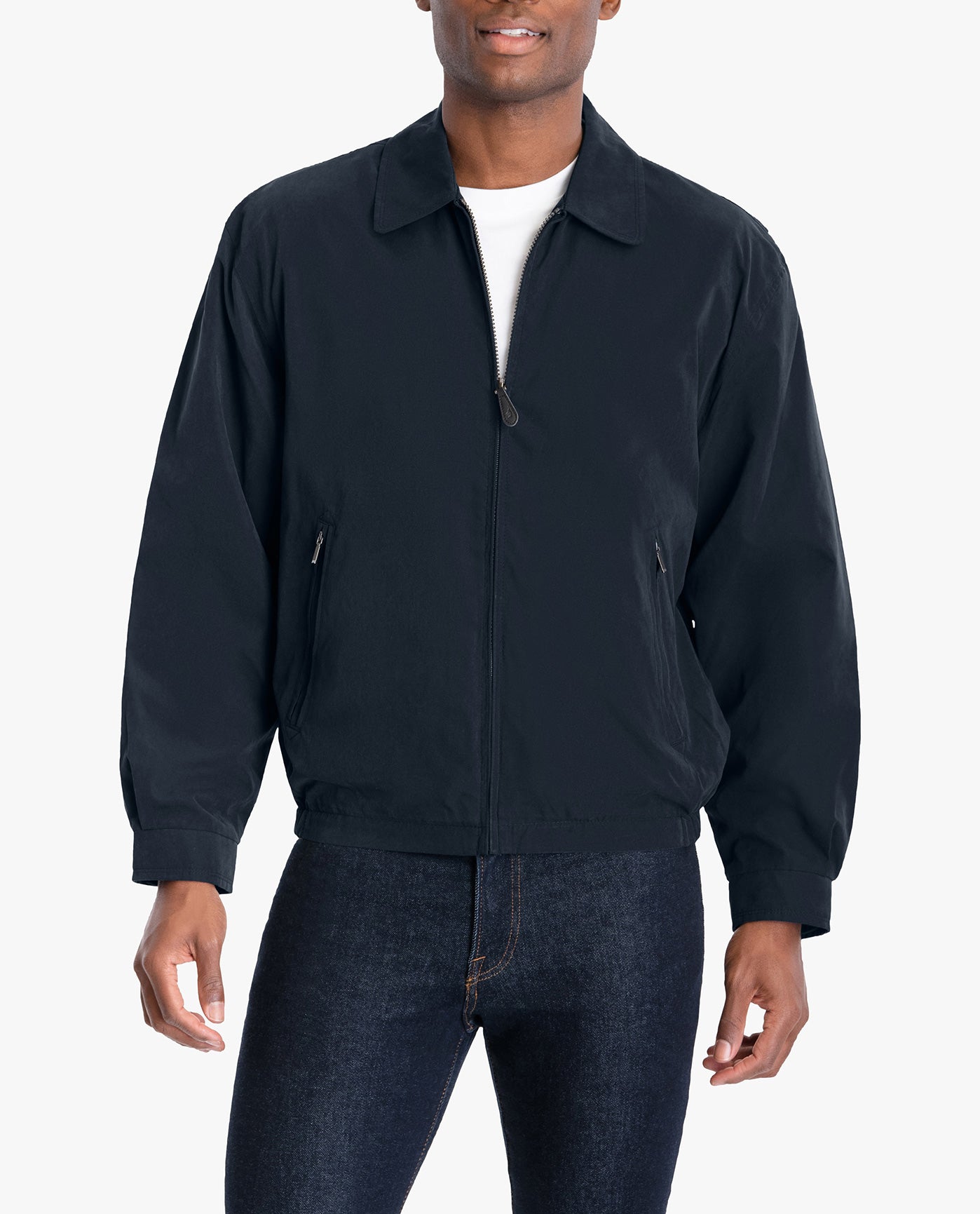 FRONT VIEW OF TALL LIGHT WEIGHT ZIP FRONT GOLF JACKET | NAVY