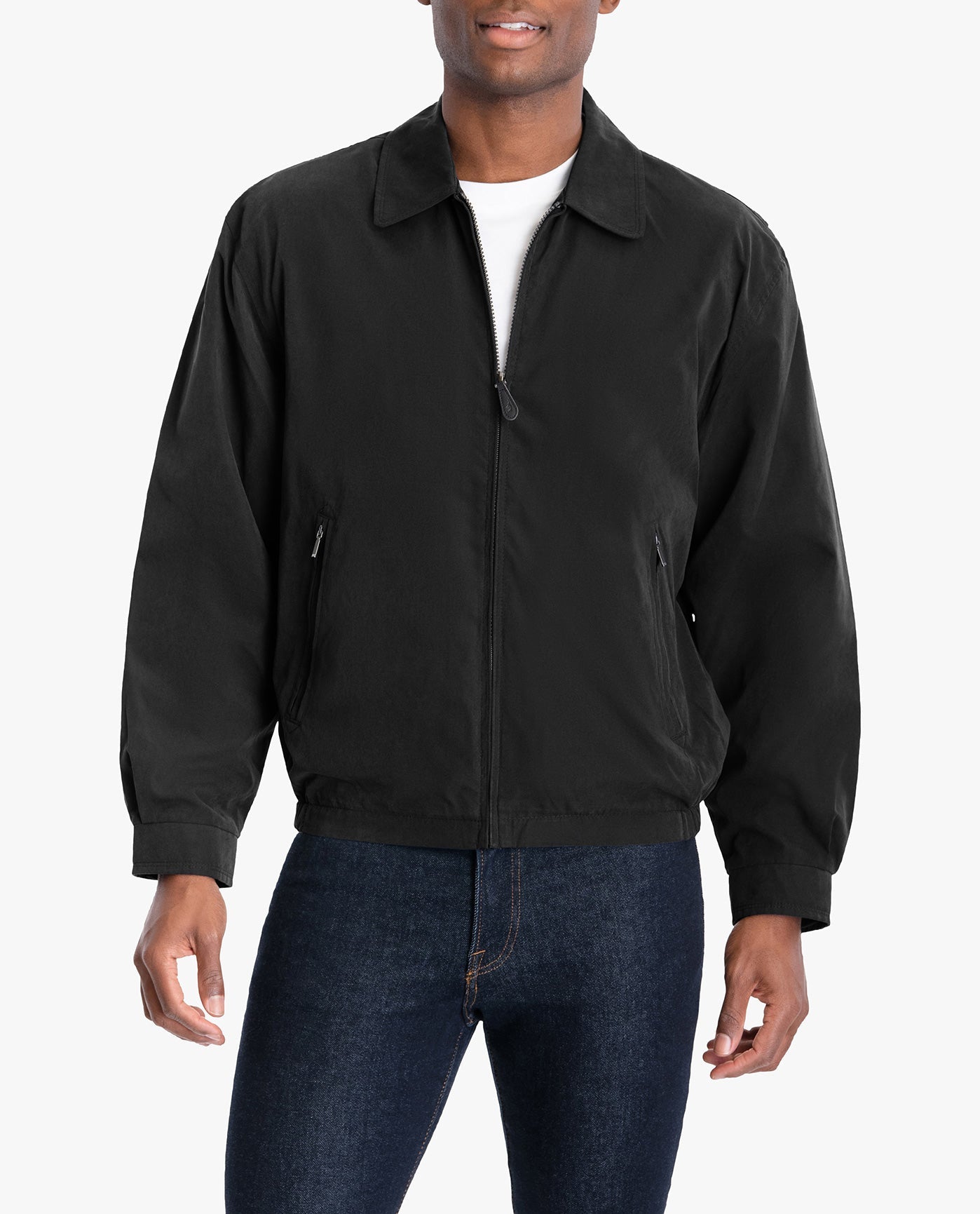 FRONT VIEW OF EXTENDED LIGHT WEIGHT ZIP FRONT GOLF JACKET | BLACK