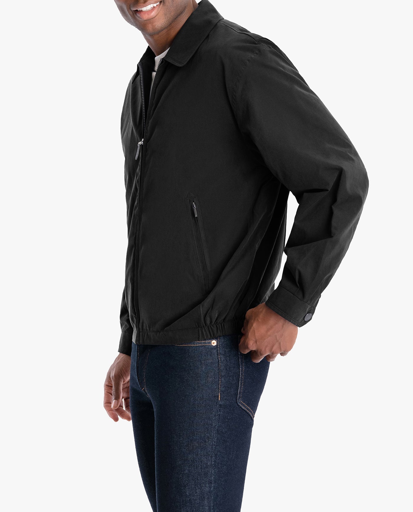 BACK VIEW OF EXTENDED LIGHT WEIGHT ZIP FRONT GOLF JACKET | BLACK