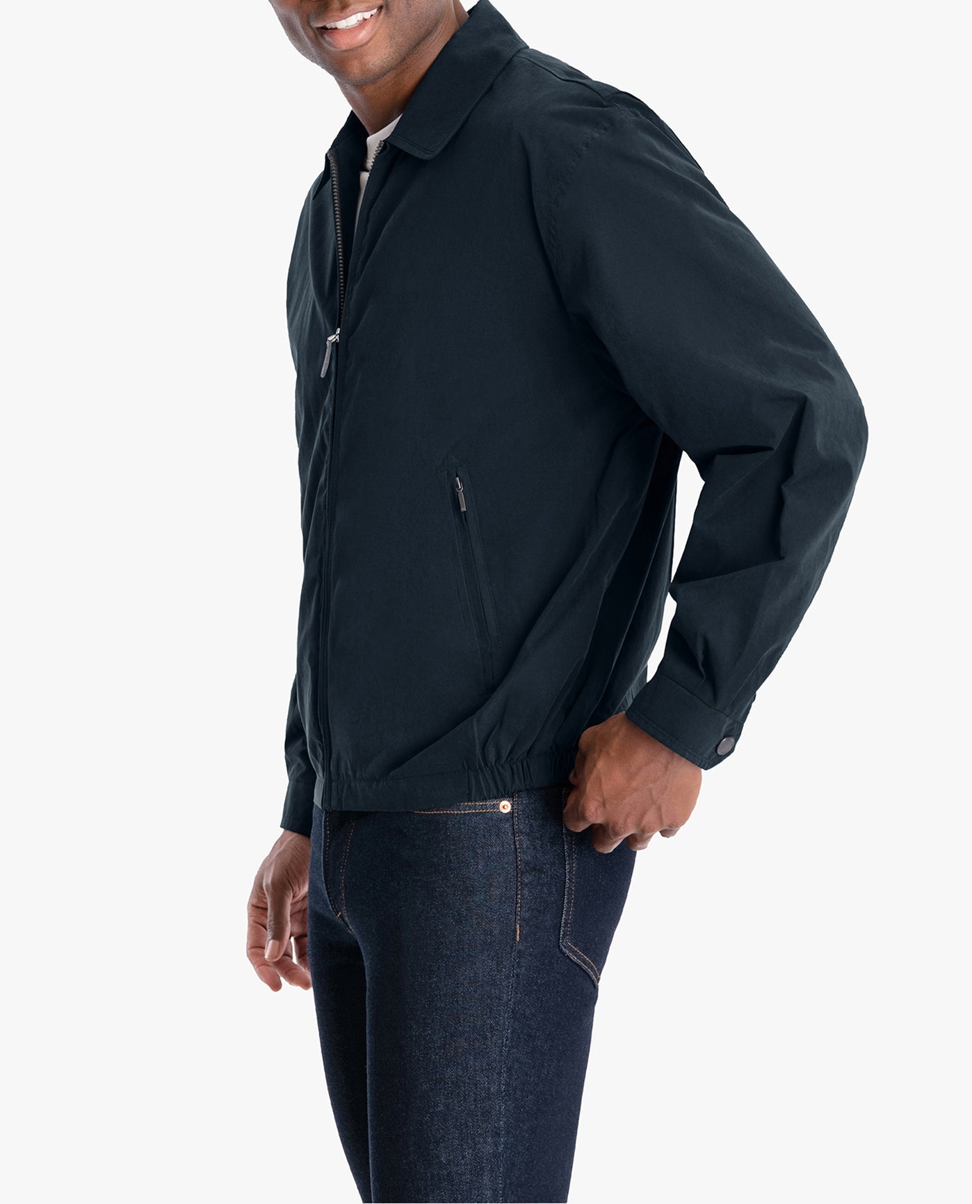 BACK VIEW OF EXTENDED LIGHT WEIGHT ZIP FRONT GOLF JACKET | NAVY
