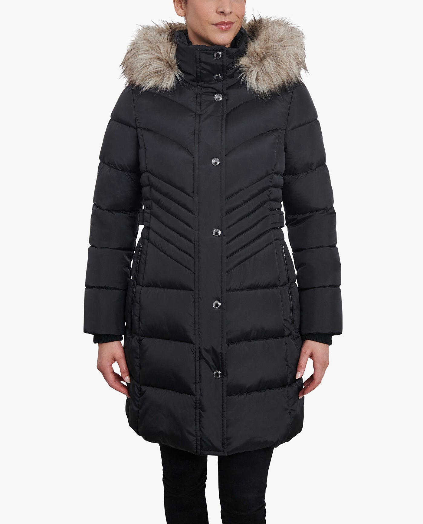 FRONT VIEW OF PLUS SIZE ZIP-FRONT LONG LENGTH PUFFER JACKET WITH ZIP-OFF FUR TRIM HOOD | BLACK