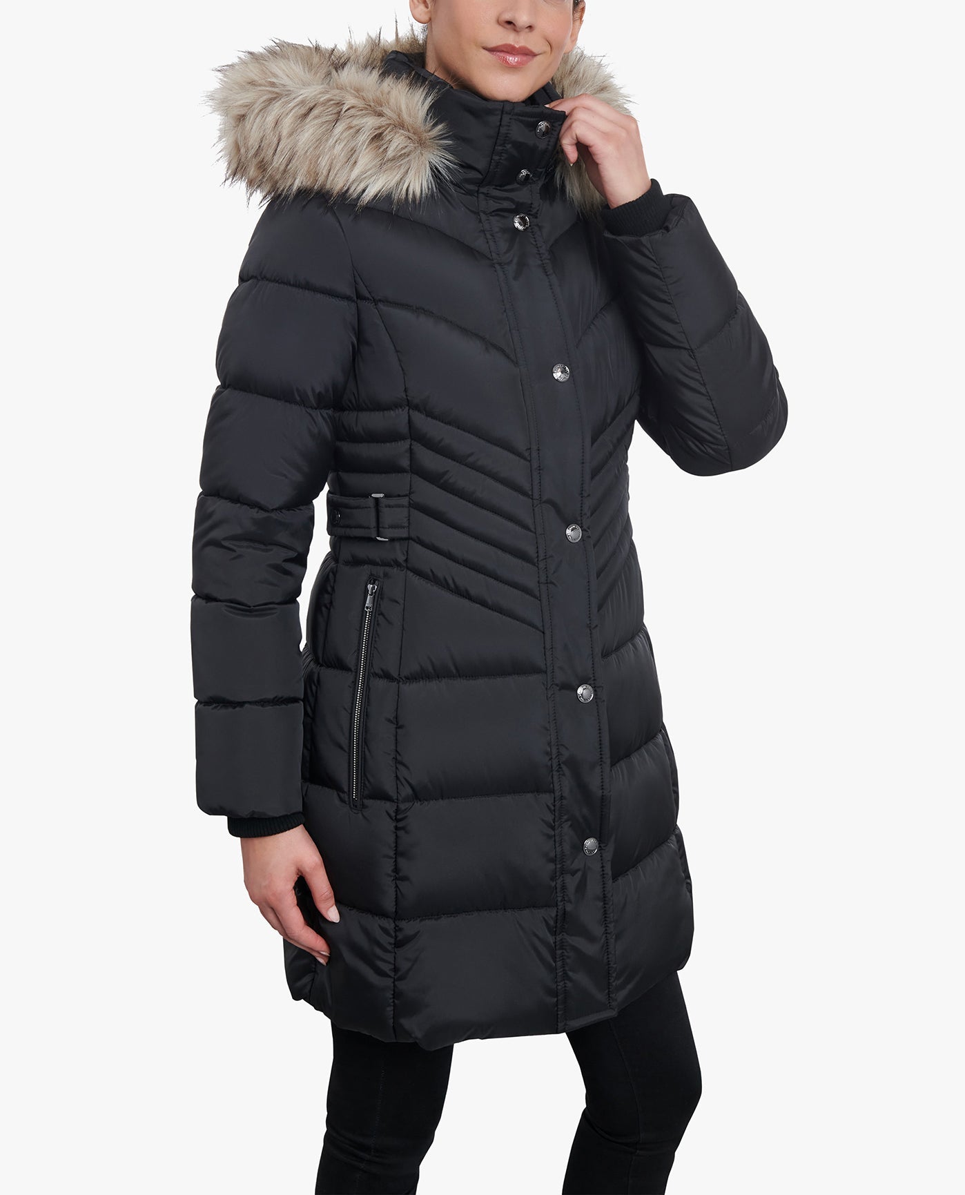 SIDE VIEW OF PLUS SIZE ZIP-FRONT LONG LENGTH PUFFER JACKET WITH ZIP-OFF FUR TRIM HOOD | BLACK