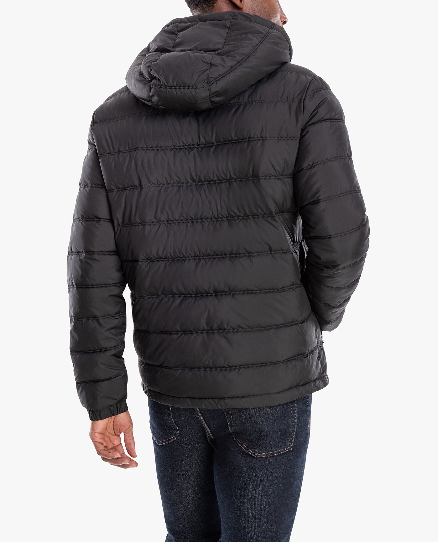 BACK VIEW OF PLAINFIELD HOODED PUFFER JACKET | BLACK