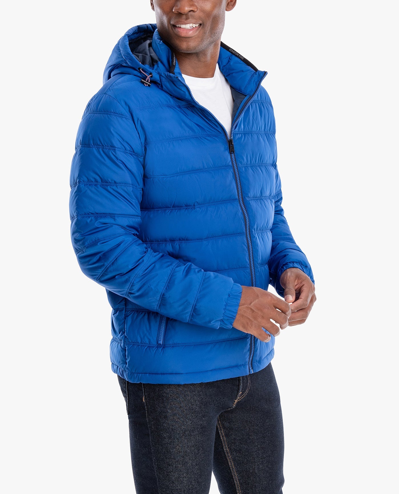 SIDE VIEW OF PLAINFIELD HOODED PUFFER JACKET | ROYAL BLUE