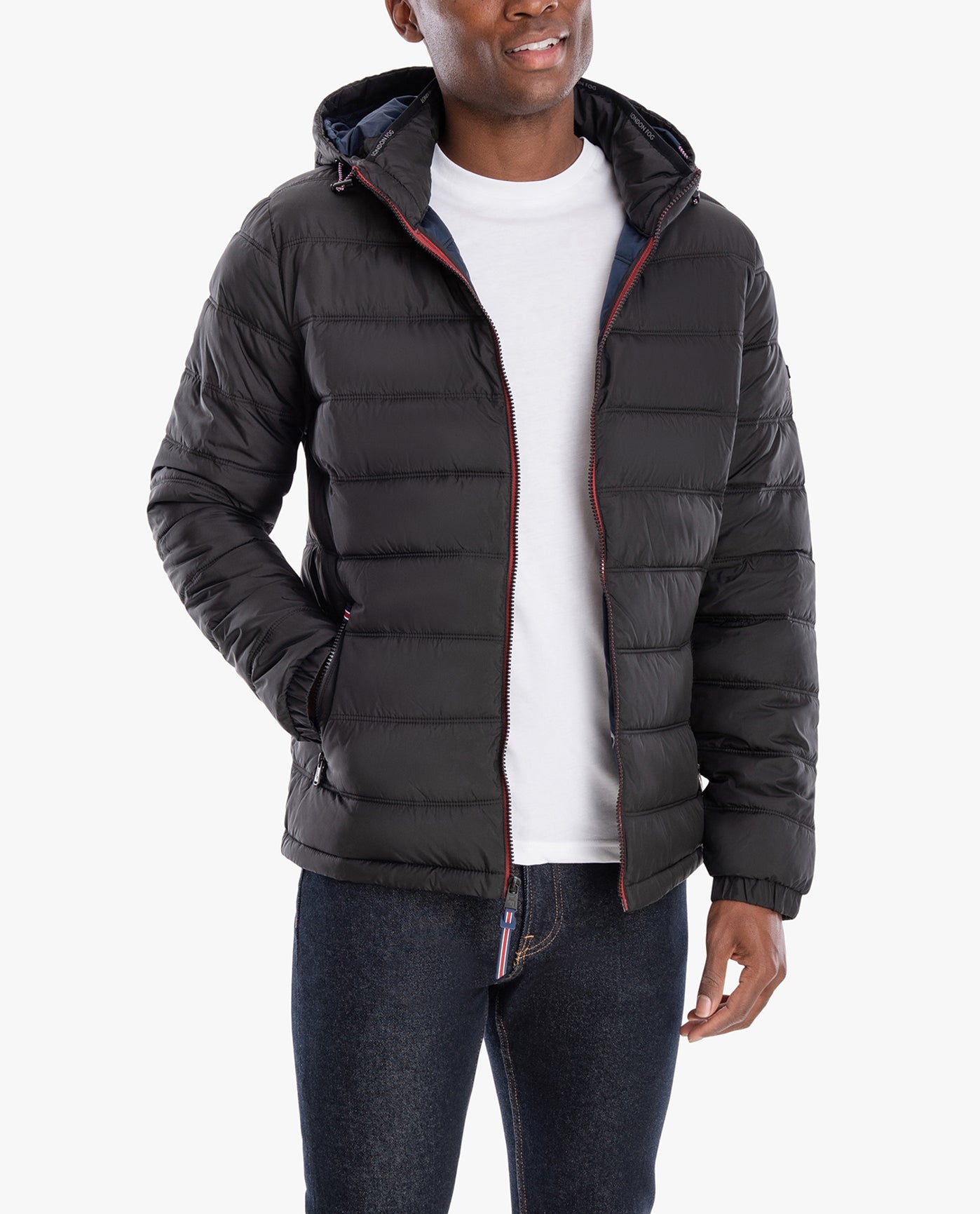 FRONT VIEW OF PLAINFIELD HOODED PUFFER JACKET | BLACK