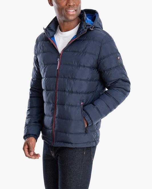 SIDE VIEW OF PLAINFIELD HOODED PUFFER JACKET | MIDNIGHT BLUE