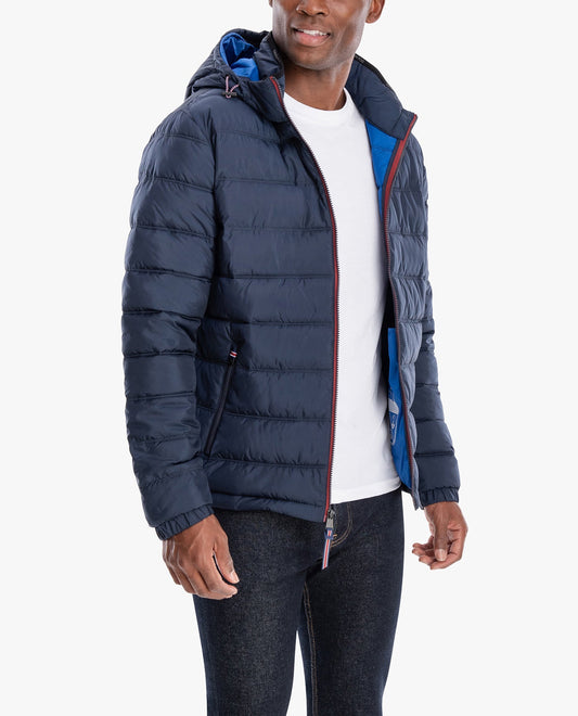 DETAIL VIEW OF PLAINFIELD HOODED PUFFER JACKET | MIDNIGHT BLUE