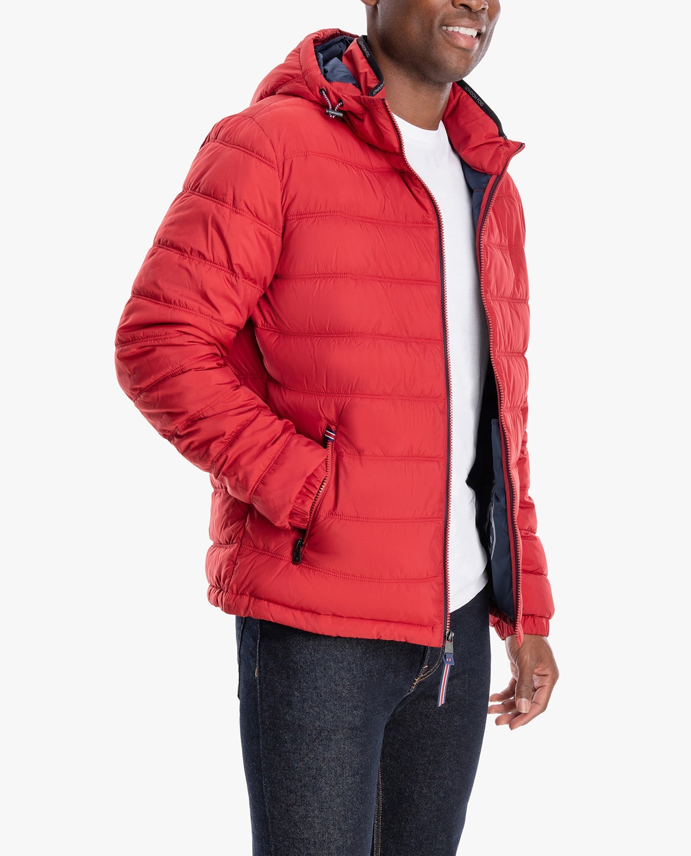 FRONT VIEW OF PLAINFIELD HOODED PUFFER JACKET | RED