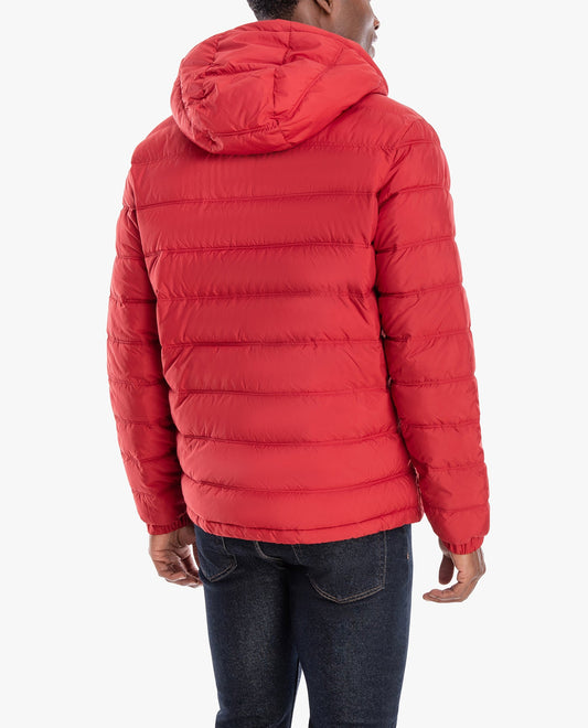 BACK VIEW OF PLAINFIELD HOODED PUFFER JACKET | RED