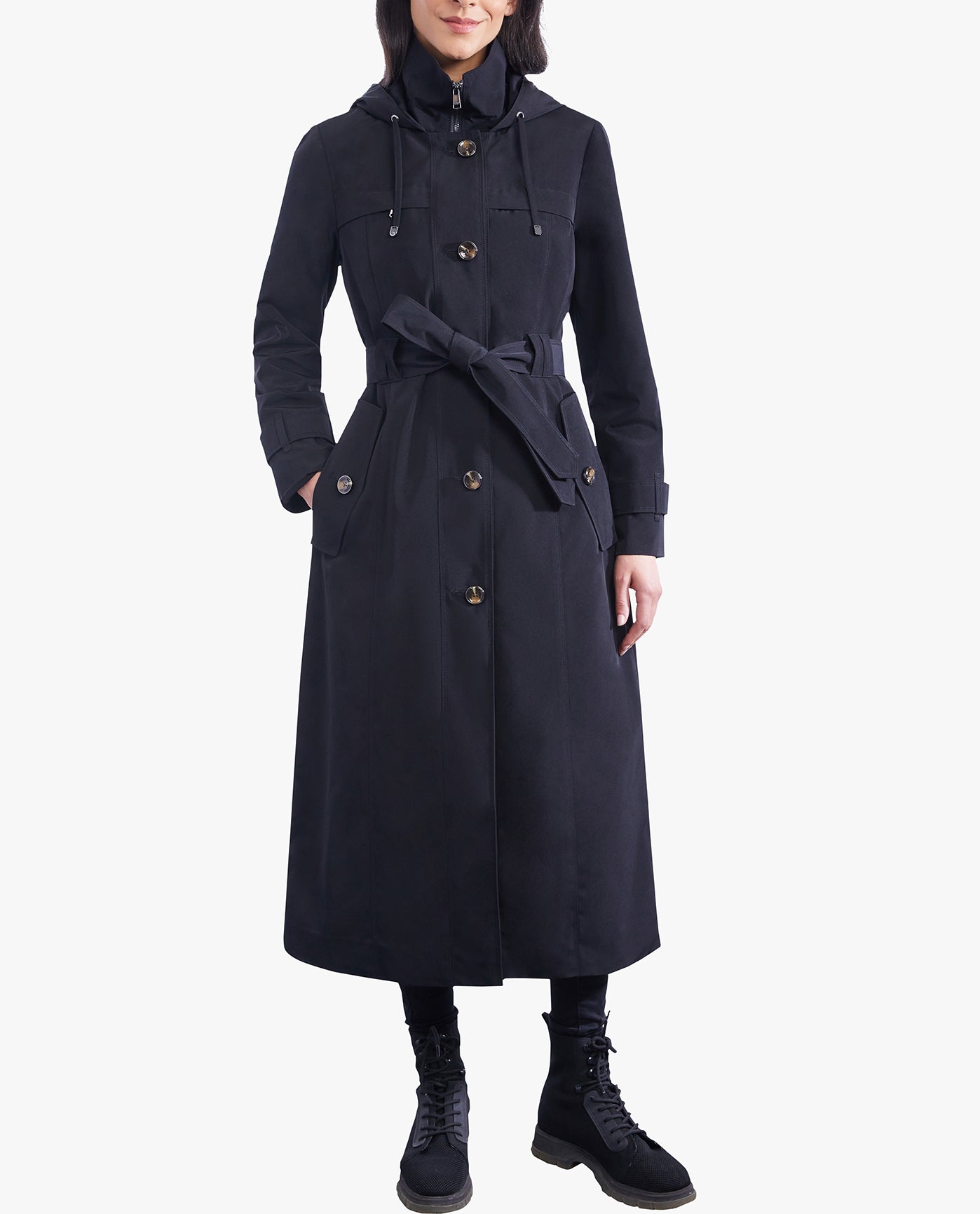 FRONT OF SINGLE BREASTED BUTTON FRONT HOODED MAXI TRENCH WITH BELT | BLACK