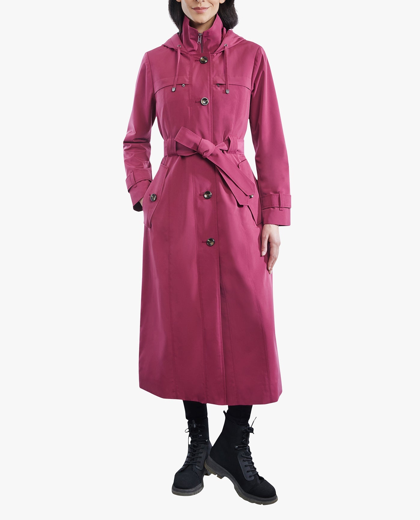 FRONT OF SINGLE BREASTED BUTTON FRONT HOODED MAXI TRENCH WITH BELT | RHUBARB