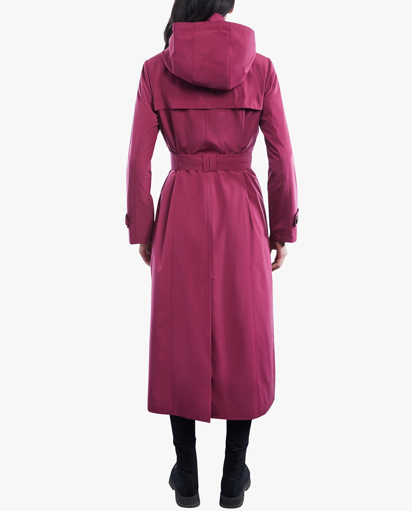 BACK OF  SINGLE BREASTED BUTTON FRONT HOODED MAXI TRENCH WITH BELT | RHUBARB