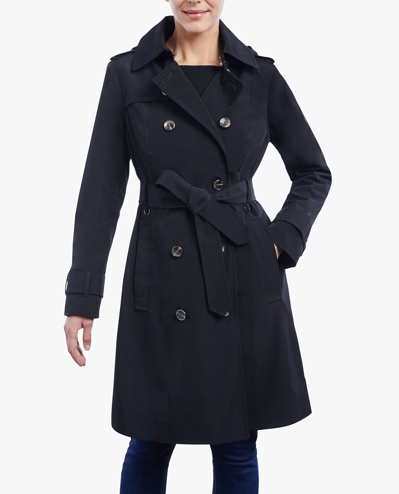 FRONT OF DOUBLE BREASTED BUTTON FRONT TRENCH WITH BELT | BLACK