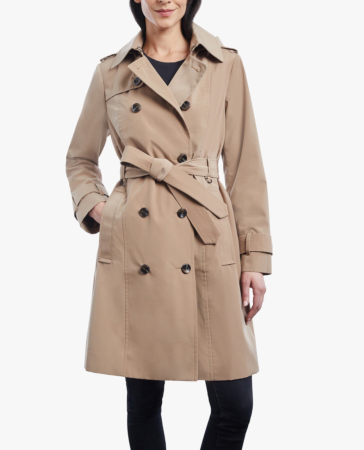 FRONT OF DOUBLE BREASTED BUTTON FRONT TRENCH WITH BELT | MACAROON