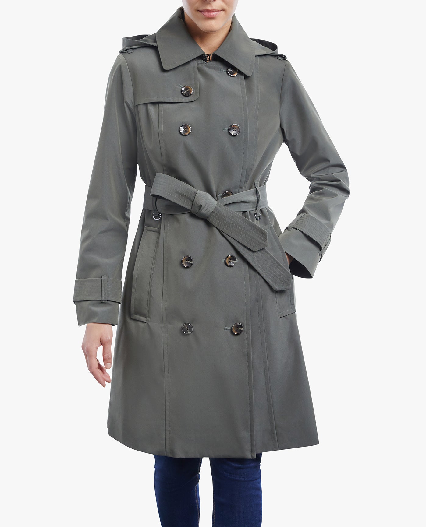 FRONT OF DOUBLE BREASTED BUTTON FRONT TRENCH WITH BELT | MOSS