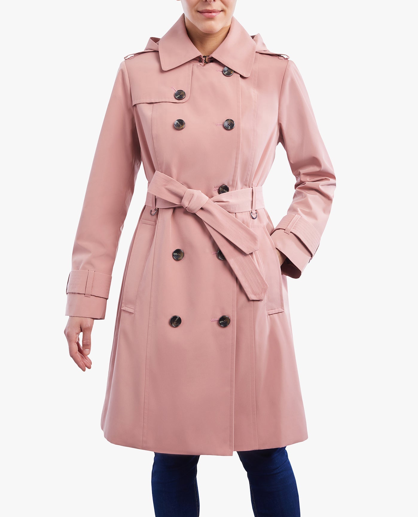 FRONT OF DOUBLE BREASTED BUTTON FRONT TRENCH WITH BELT | TEAROSE
