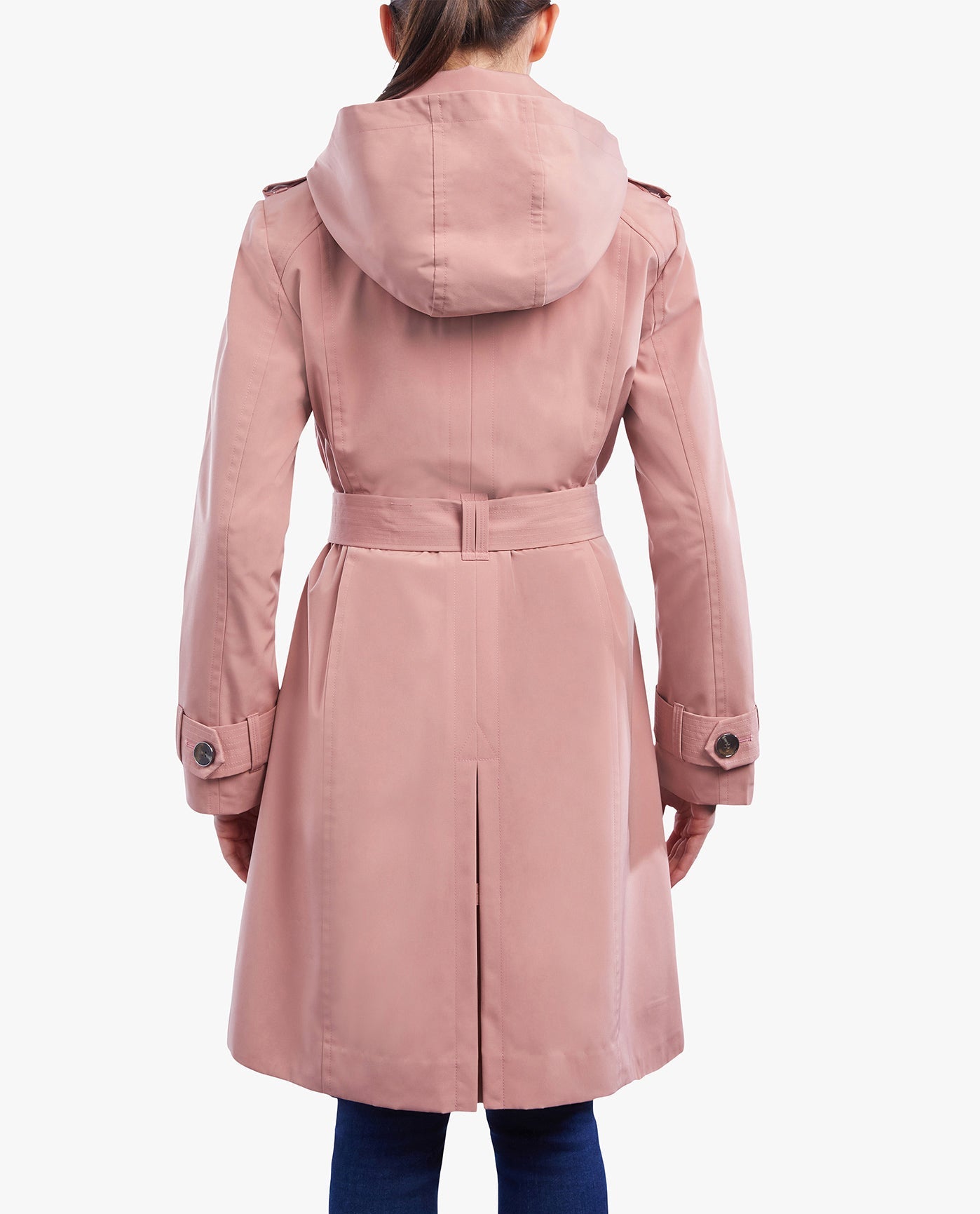 BACK OF  DOUBLE BREASTED BUTTON FRONT TRENCH WITH BELT | TEAROSE