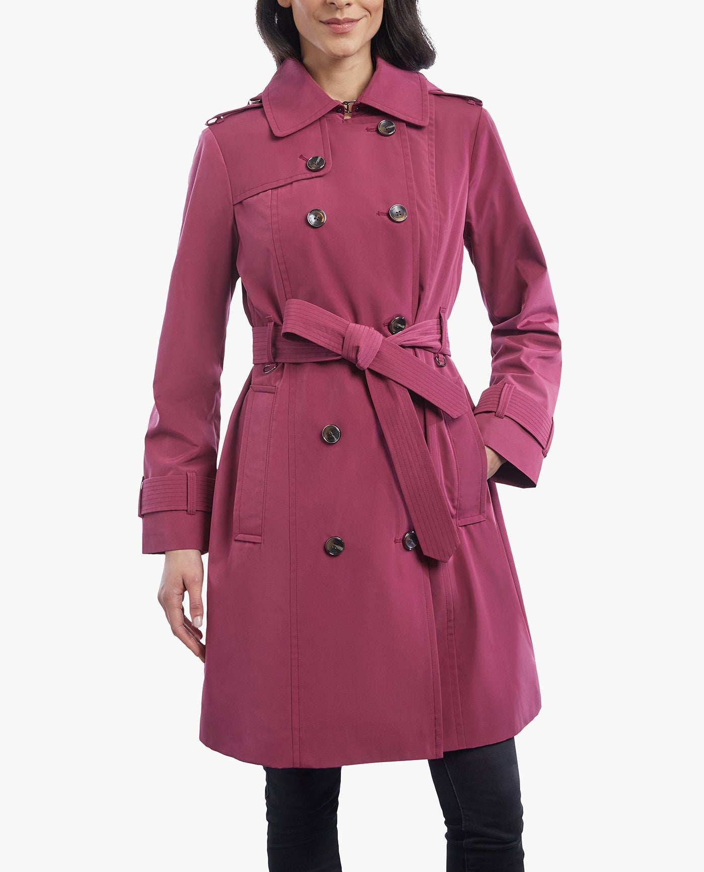 FRONT OF DOUBLE BREASTED BUTTON FRONT TRENCH WITH BELT | RHUBARB
