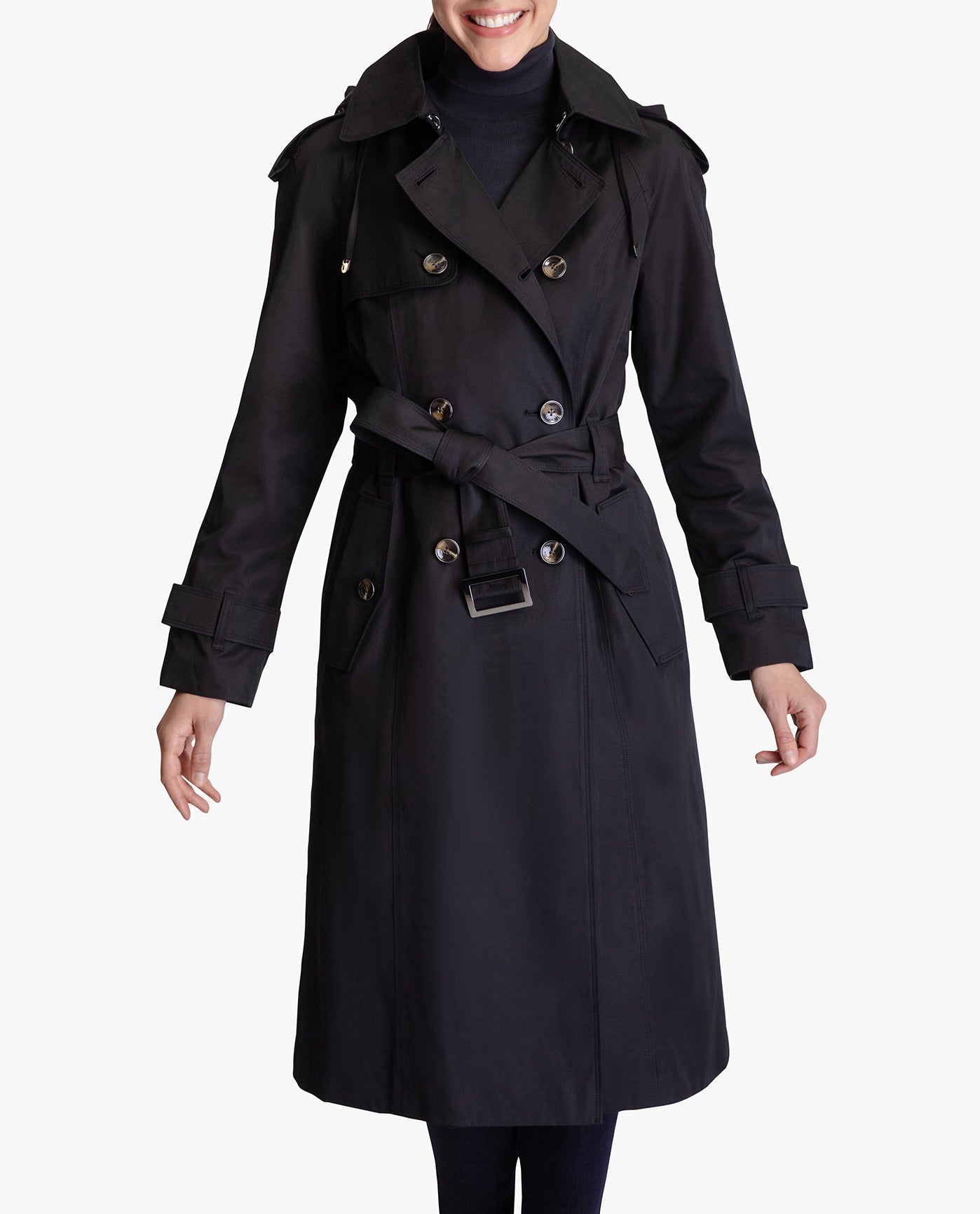 FRONT OF DOUBLE BREASTED BUTTON FRONT HOODED TRENCH WITH BELT | BLACK