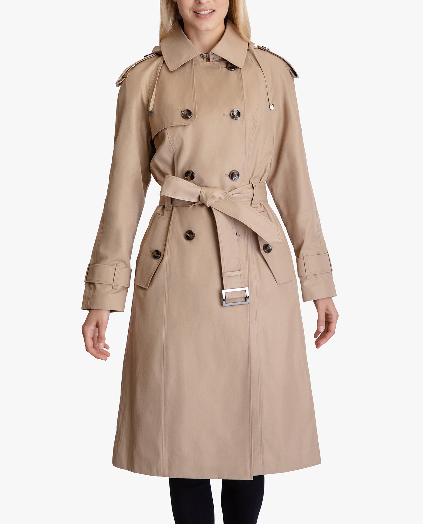 FRONT OF DOUBLE BREASTED BUTTON FRONT HOODED TRENCH WITH BELT | BROWN KHAKI